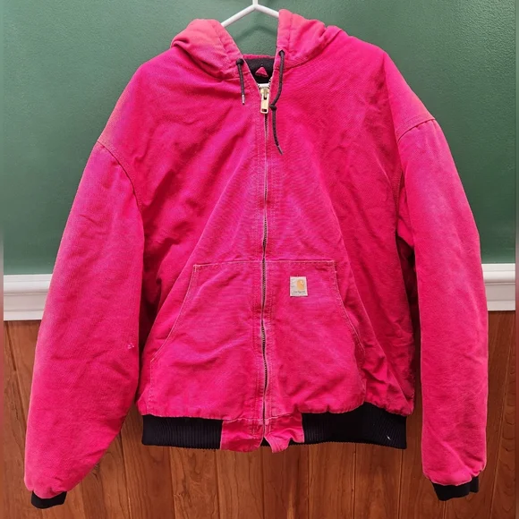 VTG Carhartt Red Mens J140 Canvas Hooded Zip Up Workwear Jacket 2XL Quilted